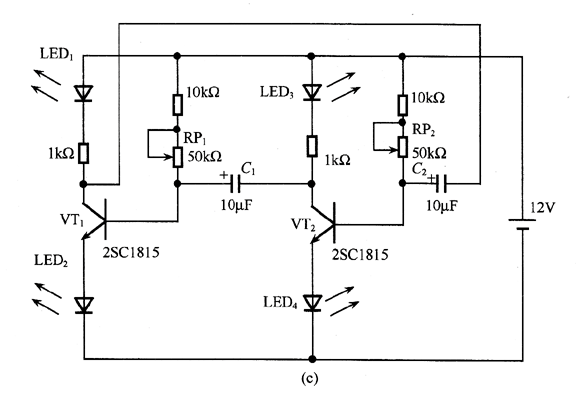 4個(gè)LED晶體管的LED閃光電路