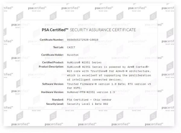 新唐 M2351 Arm PSA Certified Level 1 和 PSA Functional API Certified認證證書